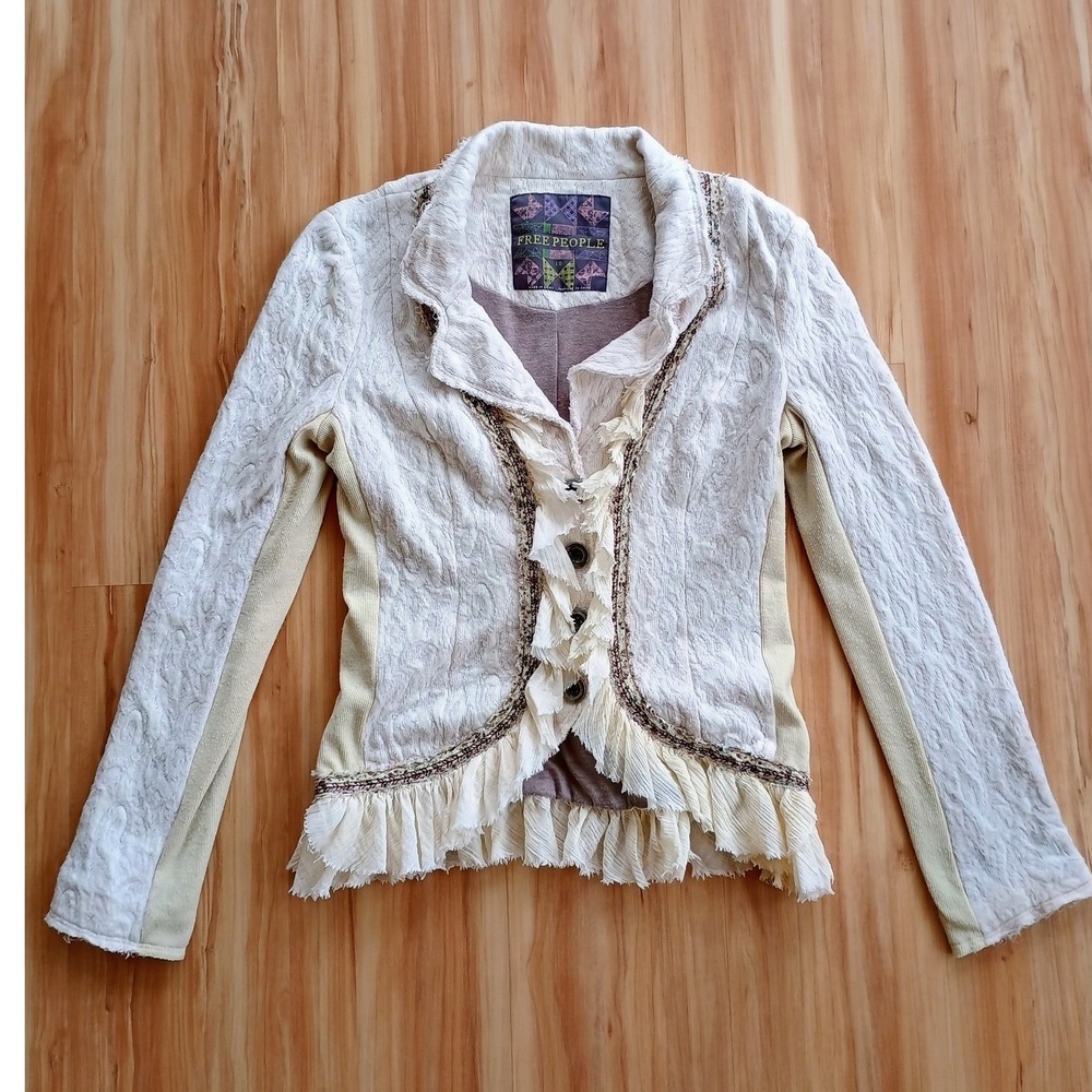 Free People Cream Ruffle Trim Textured Knit Blazer Jacket Boho Embroidered Sz 10